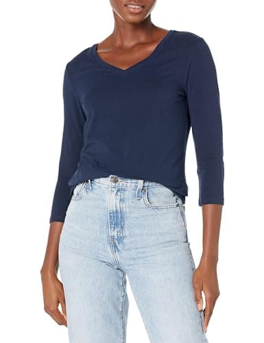 Image of Amazon Essentials Women's Classic-Fit 3/4 Sleeve V-Neck T-Shirt (Available in Plus Size), Navy, Medium