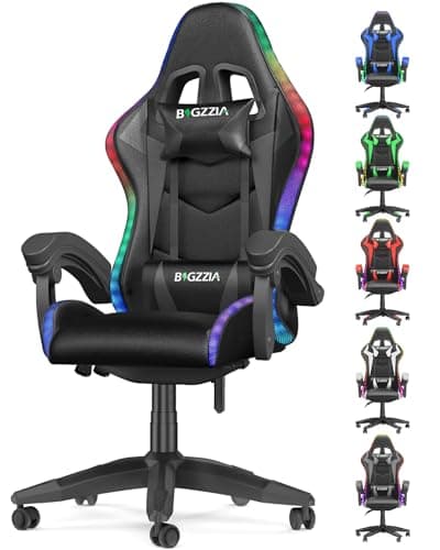 Image of bigzzia Gaming Chair with RGB Computer Chair with Light Reclining PU Leather Video Game Chair with Headrest Adjustable Lumbar Support (With RGB led, ALL Black)