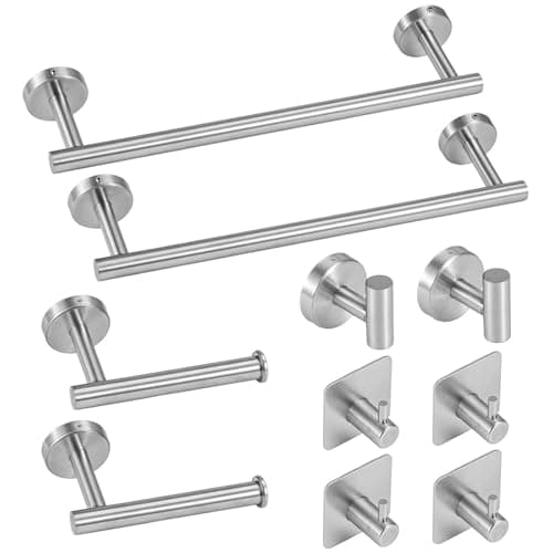 Image of BREEZENEST 10pcs Bathroom Accessories Set — No Drilling Wall-Mounted Towel Holder & Toilet Roll Holder Set, Stainless Steel Bathroom Hardware Kit, Space-Saving Organiser (Silver)