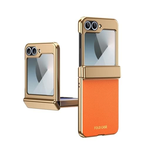 Image of HUOLUNGJIN Compatible with Samsung Galaxy Z Flip 5 5G Case with Tempered Glass Screen Protector, Slim PU Leather Cover with Full Protection & Premium Feel Cover for Z Flip 5 (Orange)