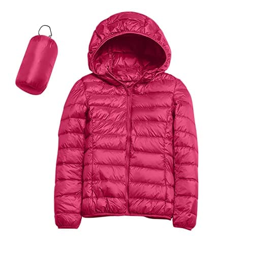 Image of Womens Winter Lightweight Puffer Jacket with Hood Warm Short Packable Women Quilted Jacket Transitional Padded Down Jacket for Ladies Lined for Hiking Travel Plus Size Thin Jacket Down Hot Pink