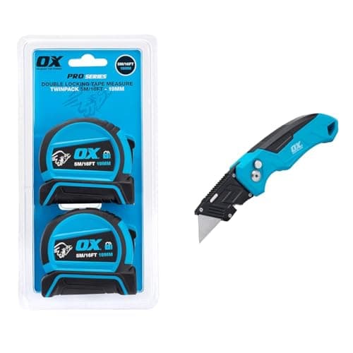 Image of OX Pro Dual Auto Lock Tape Twinpack - 5m / 16ft & P224301 Pro Heavy Duty Fixed Blade Folding Knife, Blue/Black
