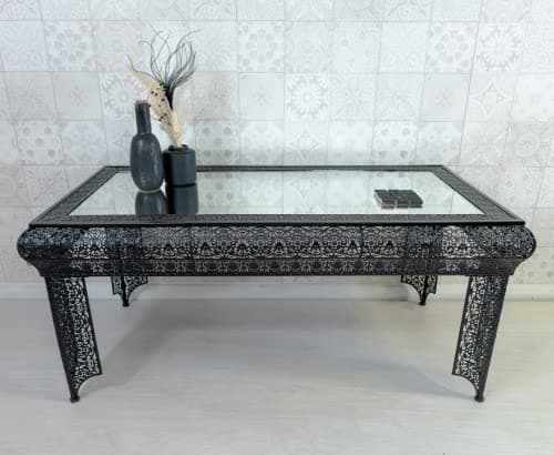 Image of DOWNTON INTERIORS Black Moroccan Style Embossed Metal Mirrored Glass Coffee Table (GZ436) Part of the AGADIR Collection