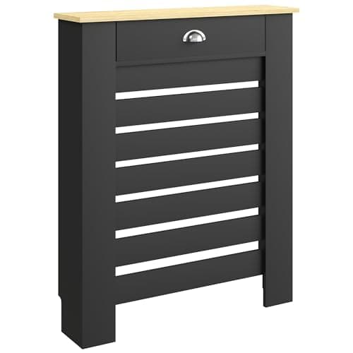 Image of HOMCOM Radiator Cover with Drawer, Horizontal Slatted Grill, Black Painted MDF Wood Cabinet Shelf Heating Cover for Living Room Bedroom Hallway, Small (H: 95.5 / W: 78 / D: 19 cm)