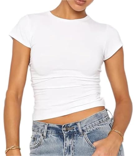 Image of LACOZY Women Short Sleeve Going Out Tshirt Crewneck Basic Crop Tops Skinny Dupes Tight Shirt Harajuku Street Wear White XL