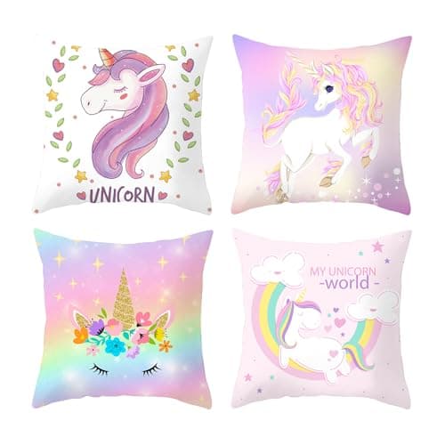 Image of Wasise Unicorn Bedroom Accessories - 4PCS Unicorn Cushion Covers,Rainbow Blue Pink Decorative Throw Pillow Covers,Unicorns Cushions,Throw Pillow Case Decor Home for Livingroom Couch Sofa(not included)