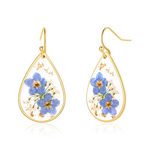 Image of Forget-Me-Not and Queen Anne's Lace Pressed Wildflower Earrings | Pressed Flower Teardrop Earrings Dry Flowers | Drop Dangle Earring For Women Girls | Personalized Handmade Earrings | Gift for Woman