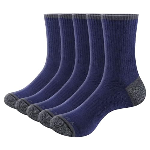 Image of YUEDGE Men's Walking Sports Socks, Combed Cotton Terry Cushioned Crew Socks, Anti Blister Work Socks OEKO Certified Moisture Wicking Mens Socks, Size 6-10, Navy Blue, Multipack, 5 Pairs