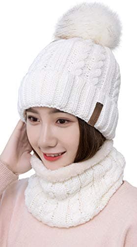 Image of 29 IYEBRAO Womens Winter Knit Pom Pom Beanie Hat Scarf Set Girls Slouchy Thick Fleece Lined Ski Hat Warm Skull Cap (White)