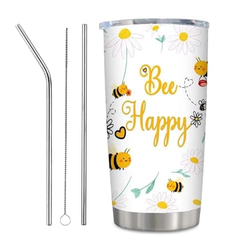 Image of Nodrex Bee Tumbler Gifts for Women, Cute Bee Happy Stainless Steel Cups, Personalised Travel Mug 600ml, Insulated Leakproof Drinkware, Birthday Gifts for Women Friends, Funny Themed Presents