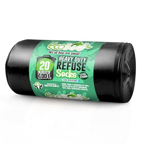 Image of EcoBag - 20 Pack Extra Strong Heavy Duty Refuse Sacks - 100L - 33 Microns - Recyclable Bin Bags, Leak Resistant, Eco-Friendly, Durable Waste DIsposal Bags for Household & Commercial Use 736×990mm
