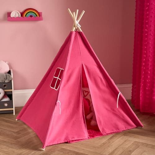 Image of OHS Teepee Tent for Kids, Foldable Play Tent Easy to Assemble Indoor Outdoor Children Teepee Tents for Sleepover Reading Nook Portable Garden Beach Canvas Playhouse with 4 Wood Poles, Hot Pink