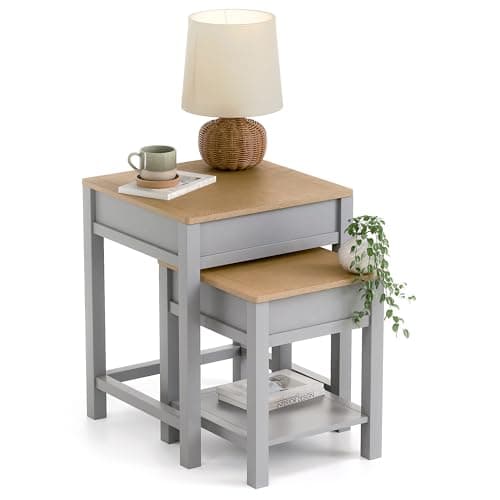 Image of CHRISTOW Nest of Tables with Storage, Set of 2 Side Tables with Removable Oak-Effect Tops, Space-Saving Nesting Design for Living Room, Sturdy MDF with Matte Painted Grey Finish, H53 x W43 x D41cm