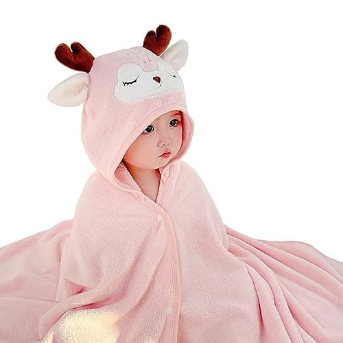 Image of Asnewkit Hooded Baby Towel, Baby Bath Towels with Hood,Unique Animal Design Baby Towel with Hood Soft Absorbent Baby Bath Towels, for Newborn Baby Boy and Girl (L-Pink Fawn)