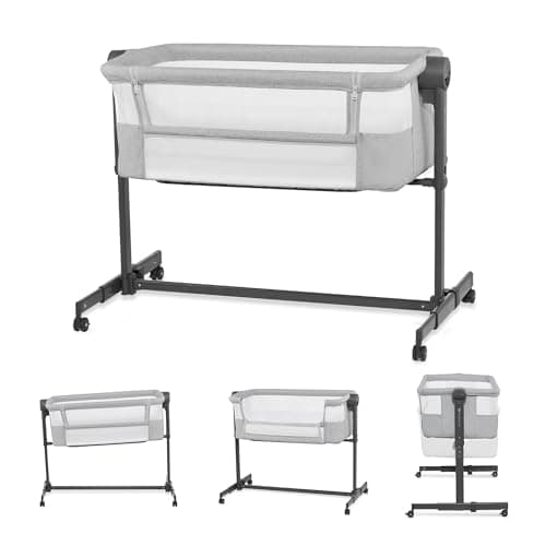 Image of Kinderkraft Neste UP 2 Bedside Crib, Travel Cot, Co-Sleeping Bed, Ajustable Height, Foldable Side Wall, Transport Wheels, with Accessories, Cotton Sheet, for Newborn, 0-9 kg, up to 6 Month, Gray