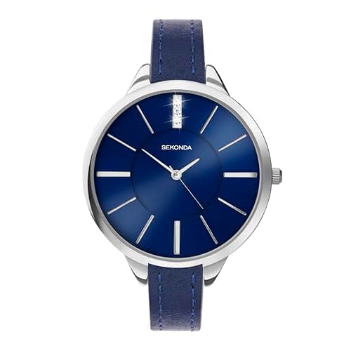 Image of Sekonda Ada Womens Watch – Quartz 39mm Ladies Watch with Stone Set Sunray Dial, Silver-Tone Case and Blue Leather Strap – 2 Year Warranty