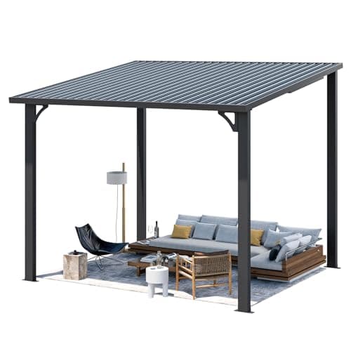 Image of YODOLLA 2.4x3m Aluminium Lean-to Gazebo, Wall-Mounted Iron Hardtop Roof Pergola, Heavy Duty Metal Awning for Garden