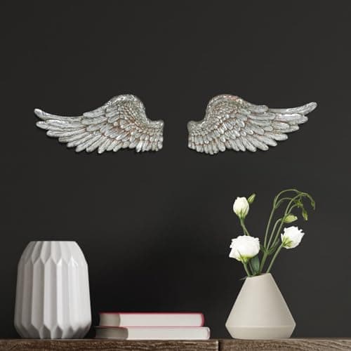 Image of Marco Paul Interiors Vintage Angel Wings Resin Wall Art - Shabby Chic Small Silver Feather Sculpture Hanging Ornament - Unique Wall Decoration for Wedding, Christening & Home Decor