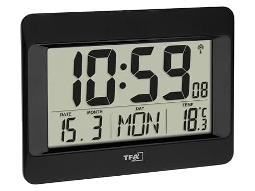 Image of TFA Dostmann Digital Wall Clock, 60.4519.01, Radio-Controlled Clock with Indoor Temperature, Day of the Week (8 Languages), Date, Time Zone Setting, Black, Plastic, (L) 215 x (W) 160 x (H) 26 (68) mm