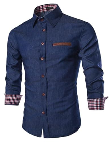 Image of COOFANDY Men's Shirts Long Sleeve Denim Work Shirt Slim Fit Button Down Casual Dress Shirts Cowboy Style Navy Blue L