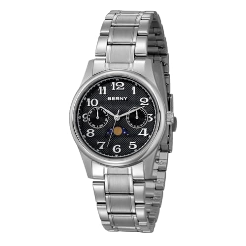 Image of BERNY Quartz Watch for Women Japanese Movment Ladies Wristwatch Arabic Numerals Dial Stainless Steel Watch Band Analog Watches Sub-dail with Calendar Moon Phase Watches