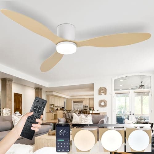 Image of Large Ceiling Fan Lights and Remote for Bedroom, Modern Indoor Low Profile Ceiling Fan with Lamps, 6-speed Silent DC Motor, Memory Function Dimmable Led, for Living Room Lounge-White-WoodGrain||42in