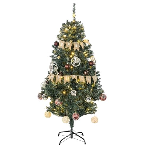 Image of HOMCOM 5ft Pre Lit Artificial Christmas Tree Holiday Décor with 100 Warm White LED Lights and 472 Tips, Banner, Ball, Tag, Tree Decoration, Auto Open