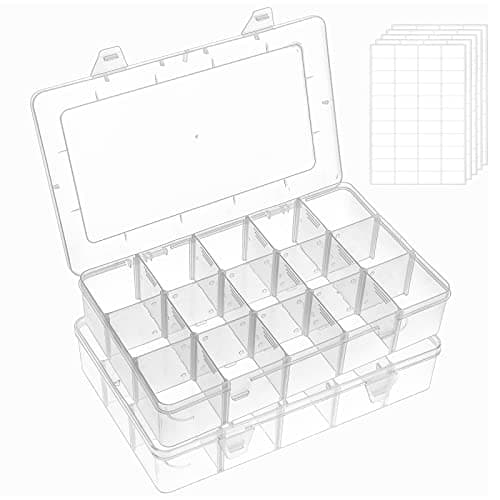 Image of FFowcye 2 Pack 15 Grids Craft Storage Boxes with Compartments, Screw Organiser Storage Box, Clear Small Parts Organiser for Bead Screw Tackles Snack Washi Tape Thread Earring Toys Arts and Crafts