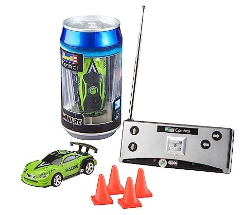 Image of Revell Control 23560 Mini Remote Control Car Racing Car Green, With 40 MHz Control, In a Can Container, Includes Traffic Cones, 8cm in length