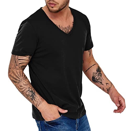 Image of Mens Black Short Sleeve T Shirt Deep V Neck T-Shirt Low Cut Scoop Tee Vee Top Easy Fit Vintage Blouse Stylish Streetwear Shirts Holiday Beach Tee Business Work Quick Drying Tops