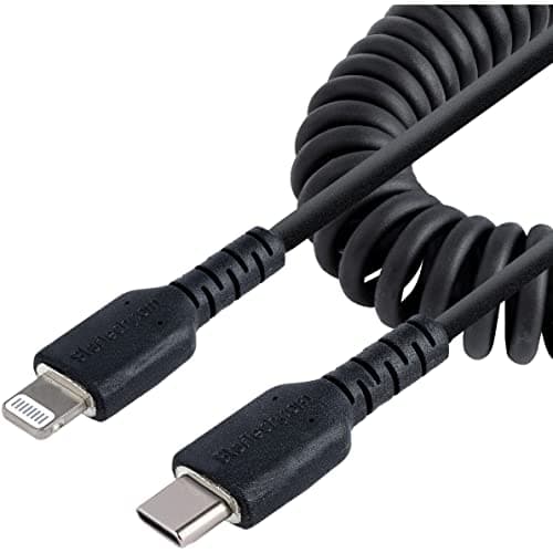 Image of StarTech.com 20in / 50cm USB C to Lightning Cable, MFi Certified, Coiled iPhone Charger Cable, Black, Durable TPE Jacket Aramid Fiber, Heavy Duty Coil Lightning Cable (RUSB2CLT50CMBC)