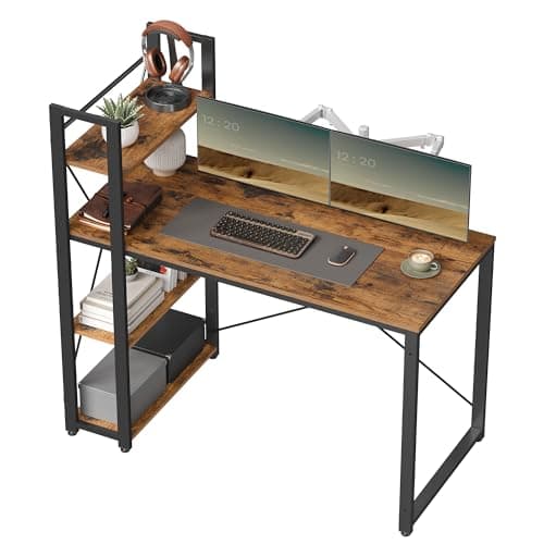 Image of VASAGLE Computer Desk, Writing Desk with Storage Shelves on Left or Right, 120 cm Wide Home Office Desk, for Study, Easy Assembly, Industrial Style, Rustic Brown and Black LWD48X