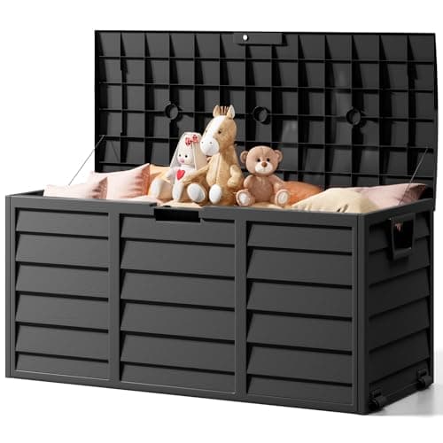 Image of The Fellie Garden Storage Box with Wheels, 290L Lockable Garden Storage Boxes Waterproof, Plastic Outside Storage Box for Gardening Tools, Cushions, Toys, 112x49x54cm, Black