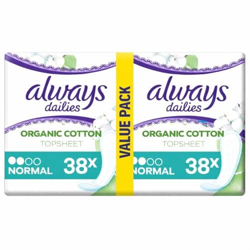 Image of Always Dailies Pantyliners Cotton Protection Normal - 76 Panty Liners (2 Packs of 38) Organic Cotton Top Sheet Breathable Liners for Daily Freshness and Sensitive Skin Care
