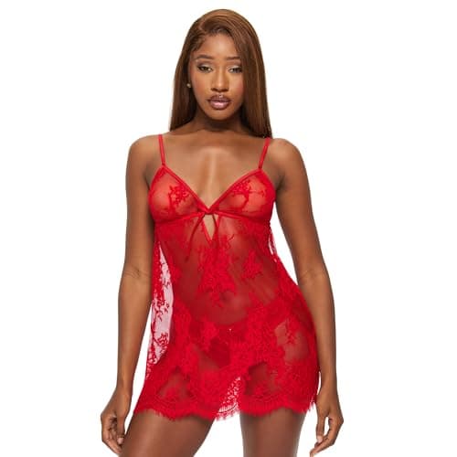 Image of Ann Summers Availing All Over Lace Chemise – Womens Nightwear with Floral Lace & Satin Binding – Flattering Chemise Lingerie with Plunge Neckline, Tie-Up Detail & Adjustable Straps – Red
