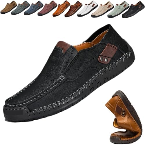 Image of Mens Leather Loafers Slip On Moccasins Casual Business Shoes, Men Loafers Lightweight Breathable Handmade Slip-on Flat Driving Shoes (Black,6)