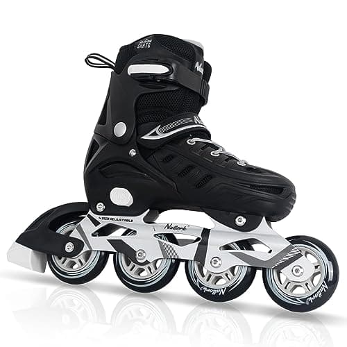 Image of Black Inline Skates for Youth Boys Men, 4 Sizes Adjustable Blades Roller Skates with Ankle Support, Adjustable Strap, 90mm Wheels and Soft Boot Fit for Skating, Roller Derby, Street Hockey