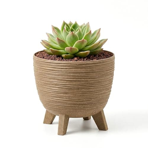 Image of GEEZY Brown Plant Pot with Legs, 23.6 cm - Weather Resistant Indoor & Outdoor Planter - Modern Textured Flower Pot for Living Room, Garden & Patio
