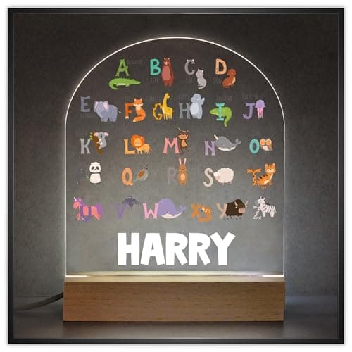 Image of Beecreative Personalised Animal Alphabet Nursery Night Light - Boys Bedroom Alphabet - Acrylic LED Night Light Lamp Sign For Boys - Animal Bedroom