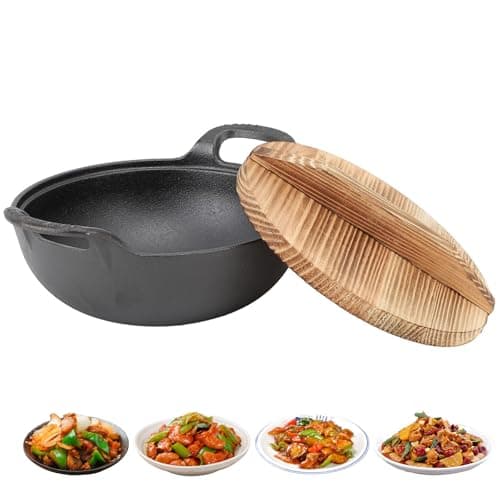 Image of TBRFP Cast Iron Wok with Lid 10.6"– Heavy Duty Non-Stick Stir Frying Pan,Flat Bottom,Traditional Chinese Cookware for Gas, Electric & Induction Hobs –Durable & Easy to Clean
