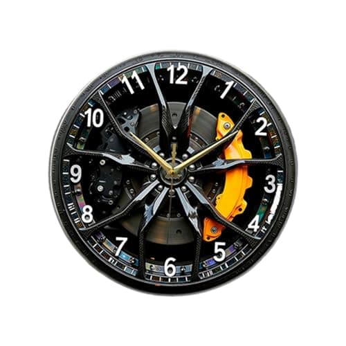 Image of Fenteer Car Wheel Wall Clock Silent Non Ticking Modern Battery Operated Round Clock Easy to Read Acrylic with 2D Car Wheel Hub Design Decorative for Kitchen Office Indoor, 25cm