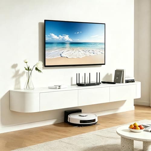 Image of Floating TV Unit 160CM/62.9'', Media Wall Mounted TV Cabinet, Floating TV Wall Unit White for 60'' TV, Large Storage TV Console for Bedroom, Living Room, Office, Apartment (White, 160CM/62.9'')