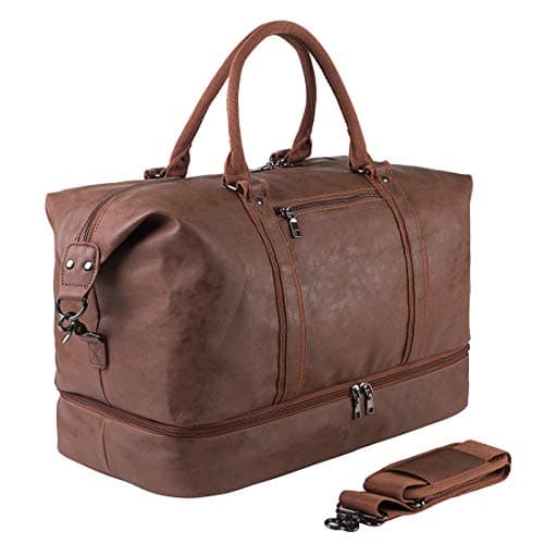 Image of Travel Bag with Shoe Pouch,Weekender Overnight Bag Waterproof PU Leather Large Carry On Bag Travel Tote Duffel Bag for Men or Women,Brown