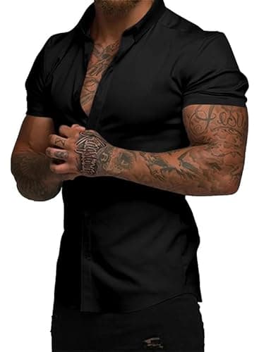 Image of Elegancity Mens Shirts Short Sleeve Smart Casual Summer Beach Shirts Slim Muscle Fit Button Down Formal Dress Shirt Black, L