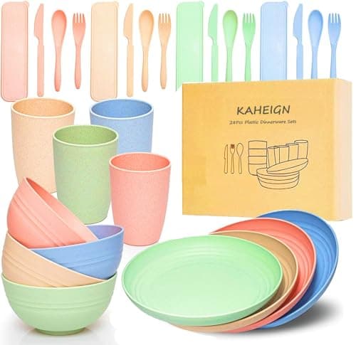 Image of KAHEIGN 28Pcs Plastic Dinnerware Sets, 4 Sets Unbreakable Lightweight Plates, Cups, Bowls and Cutlery, Eco Friendly & Reusable Microwave & Dishwasher Safe Dish Bowl for Kids or Picnics