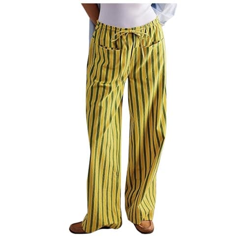 Image of Generisch Sports Trousers Women's Length Loose Trousers with Drawstring Striped Loose Wide Leg Comfortable Low Rise Trousers Casual Sports Trousers with Pockets Casual Trousers Women, yellow, M