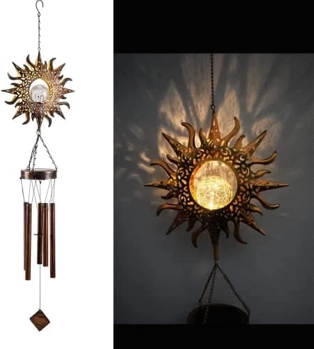 Image of lifemet Wind Chimes Solar Lights - Powered LED Sun Night lights outdoor Garden Waterproof Metal Windbell Chime Light Lamp for Patio Deck Lawns Yard Patio