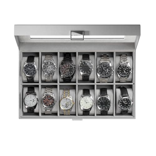 Image of ProCase Watch Box Organizer for Men, 12 Slot Watch Display Case With Glass Lid, PU Leather Watch Storage Mens Watch Case, Watch Holder Organizer for Men Women -12 Slot, Grey