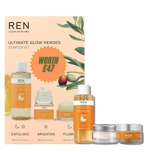 Image of Ren Clean Skincare Ultimate Glow Heroes Set - Daily AHA Tonic 100ml, Brightening Dark Circle Eye Cream 5ml & Glow Daily Vitamin C Gel Cream 15ml