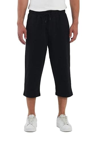 Image of COMEOR Men's Cotton 3/4 Capri Shorts with Pockets - Summer Casual Lounge Short Loose fit, Workout Jogging Athletic Gymwear, Running Sports Wear (Black, M)
